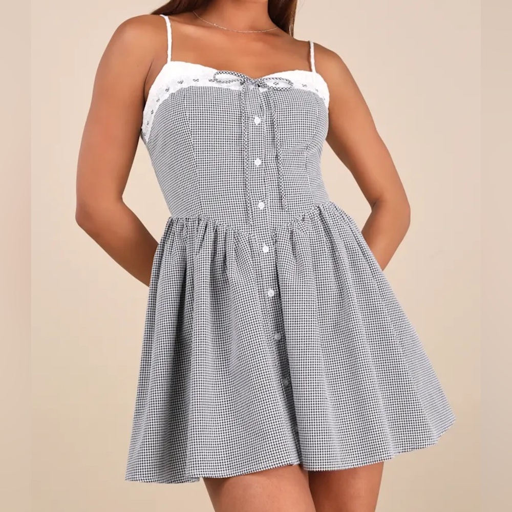 NEW Black and White Gingham Button-Front Mini Dress